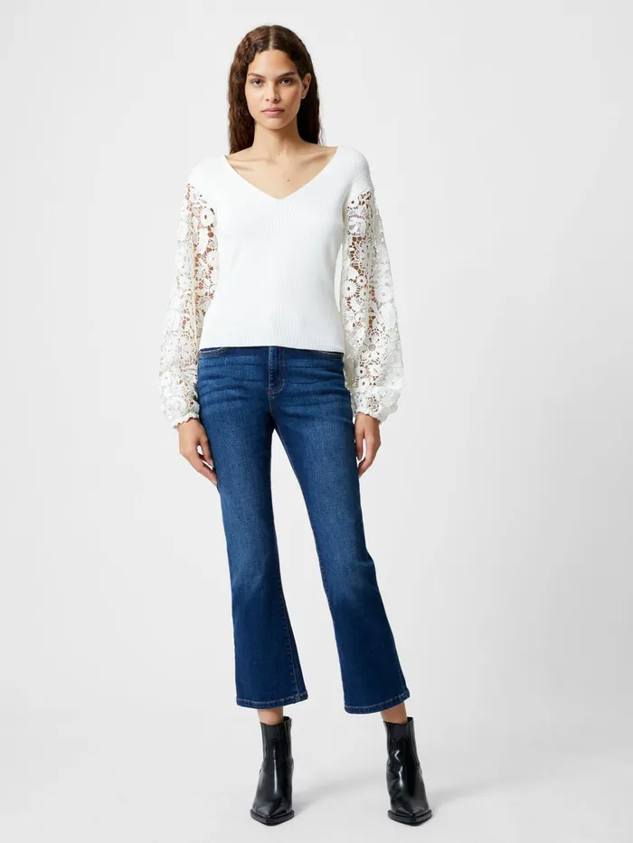 French Connection Ribbed VNeck Lace Sleeve Jumper Winter White Woman Jumpers and Cardigans