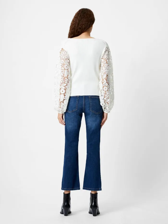 French Connection Ribbed VNeck Lace Sleeve Jumper Winter White Woman Jumpers and Cardigans