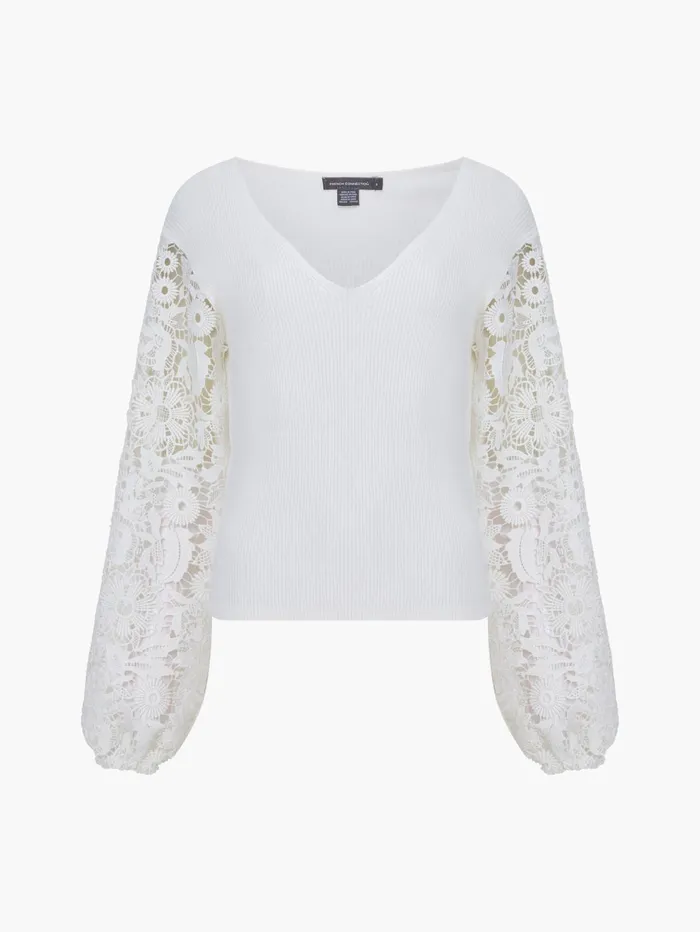 French Connection Ribbed VNeck Lace Sleeve Jumper Winter White Woman Jumpers and Cardigans