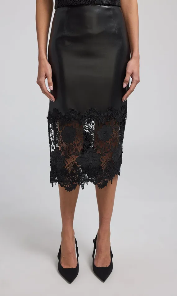 Generation Love Clothing Chantira Vegan Leather Guipure Combo Skirt Black Women Skirts