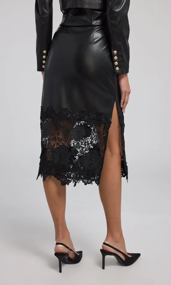 Generation Love Clothing Chantira Vegan Leather Guipure Combo Skirt Black Women Skirts