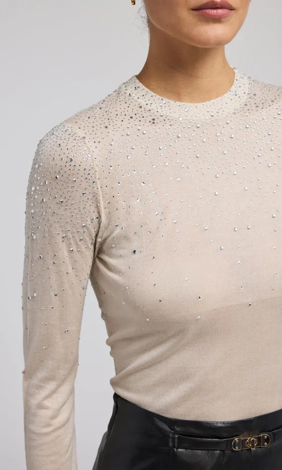 Generation Love Clothing Elsie Crystal Top Beige Women Sweaters and Sweatshirts