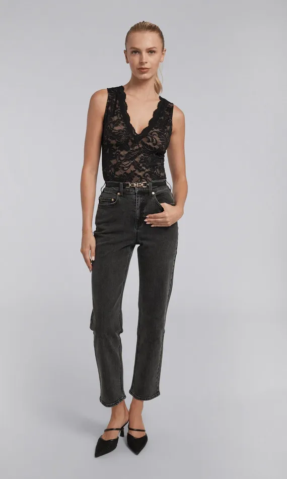 Generation Love Clothing Emmett Denim Pants With Vegan Leather Belt Washed Black Women Pants