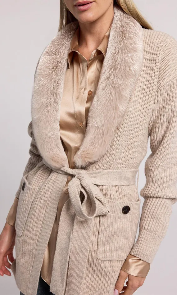 Generation Love Clothing Patty Fur Combo Cardigan Heather Oatmeal Women Sweaters and Sweatshirts