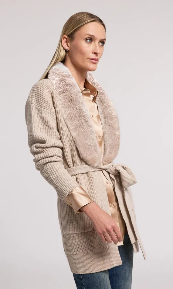 Generation Love Clothing Patty Fur Combo Cardigan Heather Oatmeal Women Sweaters and Sweatshirts