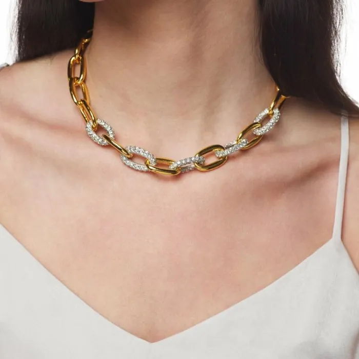 Kenneth Jay Lane Clear Crystal Necklaces Women Gold and Silver Crystal Link Necklace Kenneth Jay Lane Clear Crystal Necklaces Women Gold and Silver Crystal Link Necklace