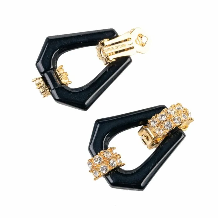 Kenneth Jay Lane Dark Color Earrings Women Gold And Crystal Hexagon Drop Clip Earring