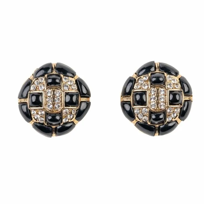 Kenneth Jay Lane Dark Color Earrings Women Rhinestone And Black Button Clip Earring