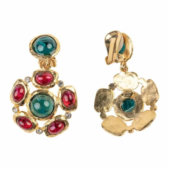Kenneth Jay Lane Dark Color Gem Earrings Women Emerald And Ruby Gem Clip Earring