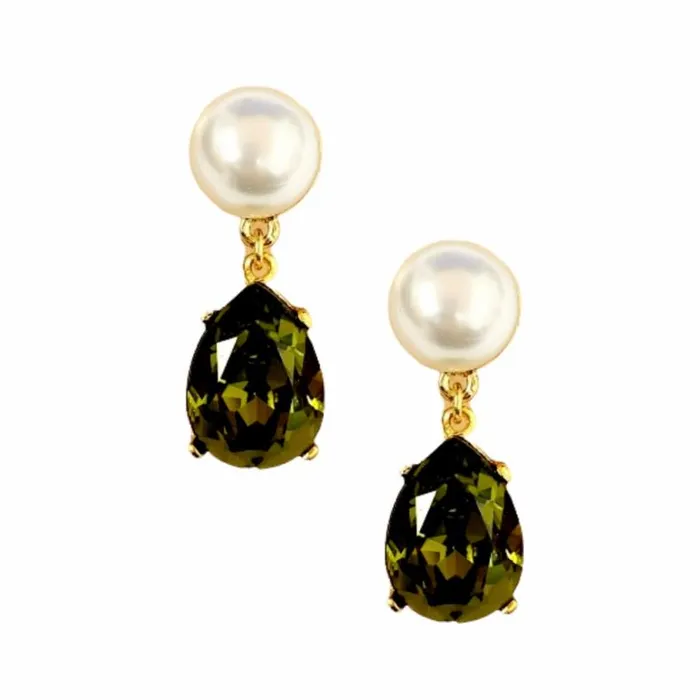 Kenneth Jay Lane Dark Color Gem Earrings Women Pearl and Olivine Teardrop Pierced Earring Kenneth Jay Lane Dark Color Gem Earrings Women Pearl and Olivine Teardrop Pierced Earring