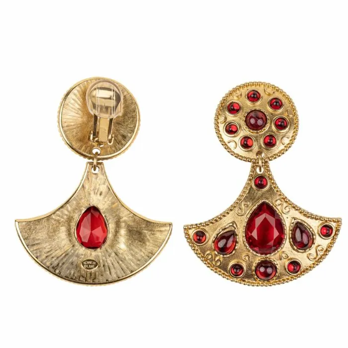 Kenneth Jay Lane Dark Color Gem Earrings Women Ruby Teardrop Drop Clip Earring