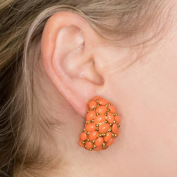 Kenneth Jay Lane Light Color Earrings Women Coral Cabochon Hoop Clip Earrings
