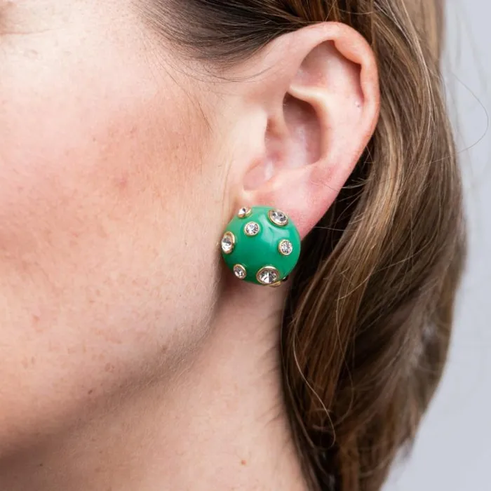 Kenneth Jay Lane Light Color Earrings Women Jade Domed Gold Clip Earrings With Crystals Kenneth Jay Lane Light Color Earrings Women Jade Domed Gold Clip Earrings With Crystals
