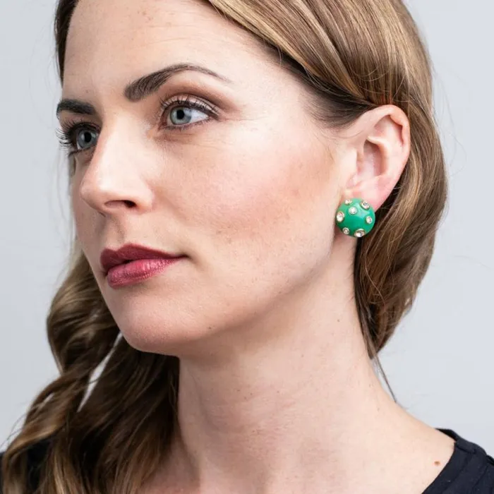 Kenneth Jay Lane Light Color Earrings Women Jade Domed Gold Clip Earrings With Crystals