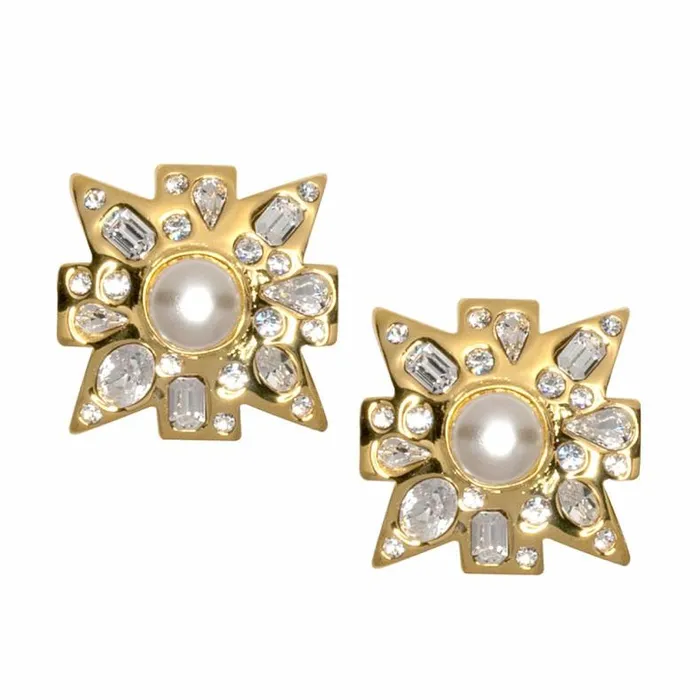 Kenneth Jay Lane Metallic Finish Earrings Women Crystal And Pearl Maltese Cross Clip Earrings Kenneth Jay Lane Metallic Finish Earrings Women Crystal And Pearl Maltese Cross Clip Earrings