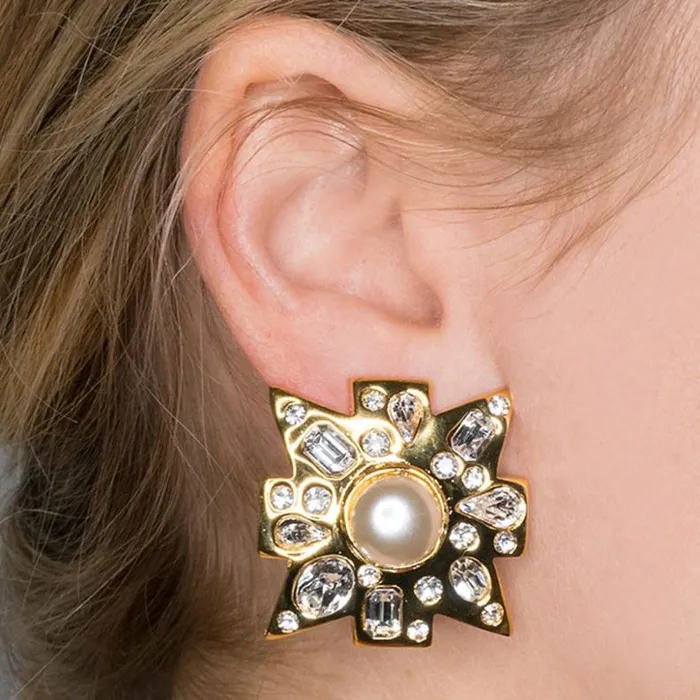 Kenneth Jay Lane Metallic Finish Earrings Women Crystal And Pearl Maltese Cross Clip Earrings