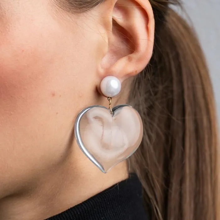 Kenneth Jay Lane Pearl Earrings Women Pearl Top And Clear Heart Drop Pierced Earrings Kenneth Jay Lane Pearl Earrings Women Pearl Top And Clear Heart Drop Pierced Earrings