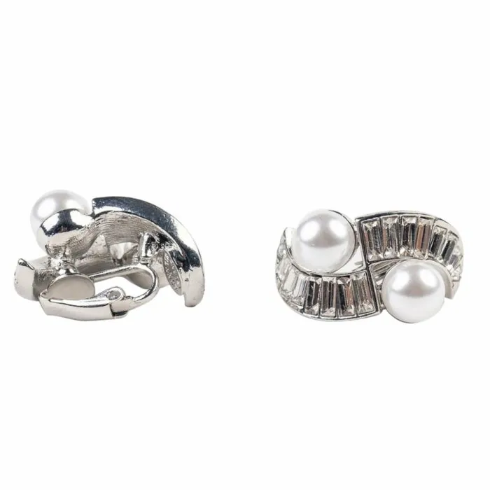 Kenneth Jay Lane Pearl Earrings Women Silver And Crystal Pearl Baquette Stone Clip Earring
