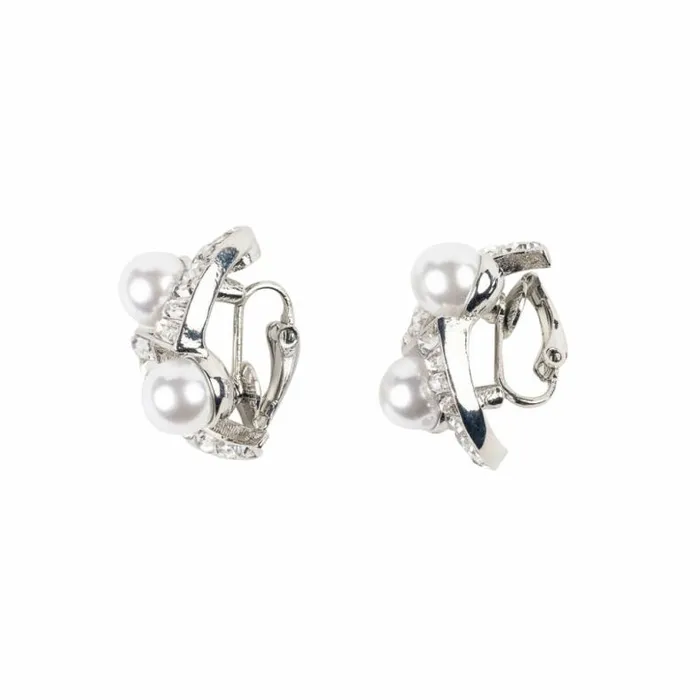 Kenneth Jay Lane Pearl Earrings Women Silver And Crystal Pearl Baquette Stone Clip Earring