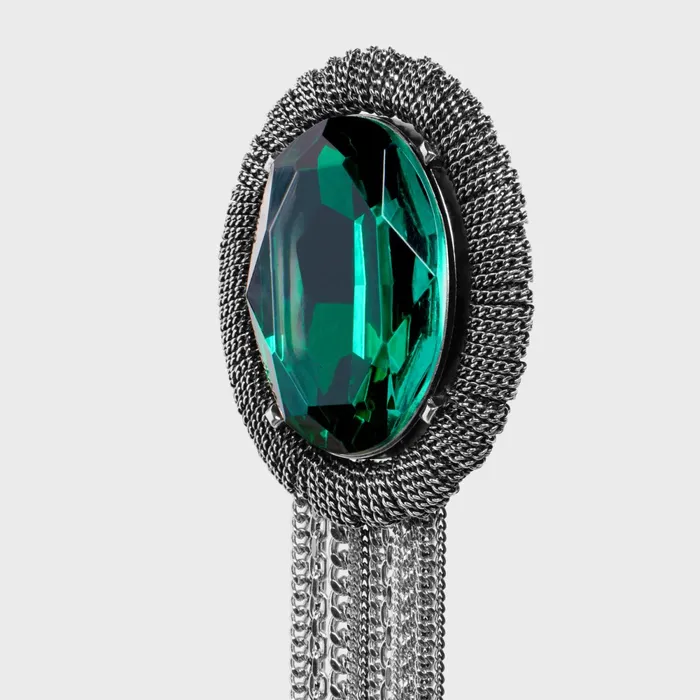 Les Pierres Celine Oval Brooch In Brass With Rhodium Finish And Green Strass Silver Green Men CELINE EARRINGS Les Pierres Celine Oval Brooch In Brass With Rhodium Finish And Green Strass Silver Green Men CELINE EARRINGS