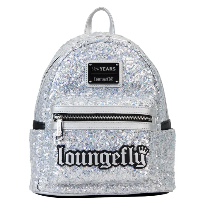 Loungefly 25th Anniversary Logo Holographic Silver Sequin Mini Backpack Unisex Loungefly Backpacks Loungefly 25th Anniversary Logo Holographic Silver Sequin Mini Backpack Unisex Loungefly Backpacks
