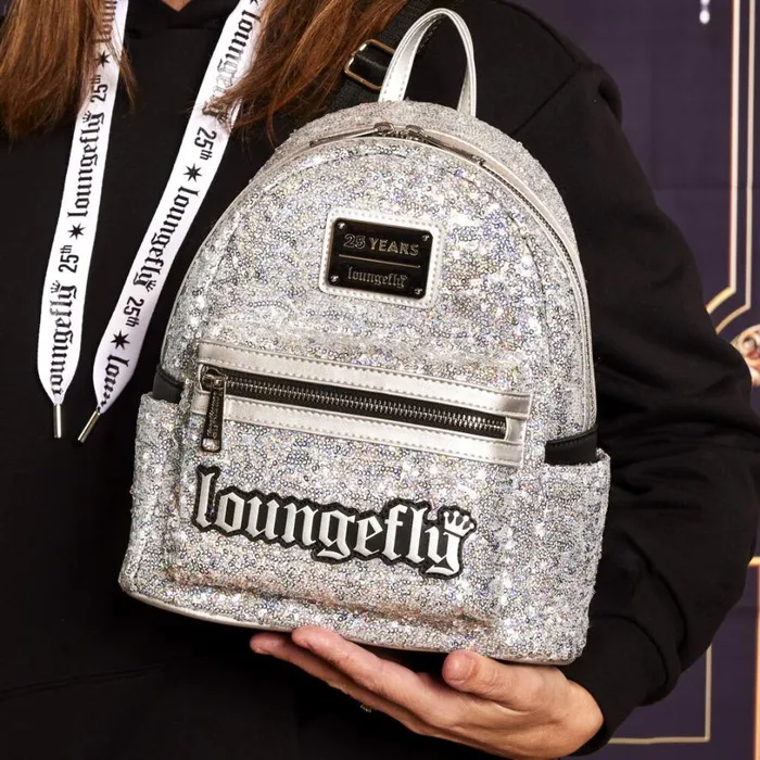 Loungefly 25th Anniversary Logo Holographic Silver Sequin Mini Backpack Unisex Loungefly Backpacks Loungefly 25th Anniversary Logo Holographic Silver Sequin Mini Backpack Unisex Loungefly Backpacks