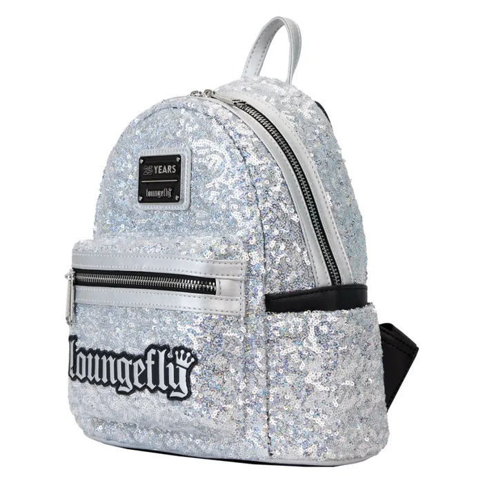 Loungefly 25th Anniversary Logo Holographic Silver Sequin Mini Backpack Unisex Loungefly Backpacks Loungefly 25th Anniversary Logo Holographic Silver Sequin Mini Backpack Unisex Loungefly Backpacks