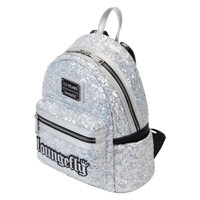 Loungefly 25th Anniversary Logo Holographic Silver Sequin Mini Backpack Unisex Loungefly Backpacks Loungefly 25th Anniversary Logo Holographic Silver Sequin Mini Backpack Unisex Loungefly Backpacks
