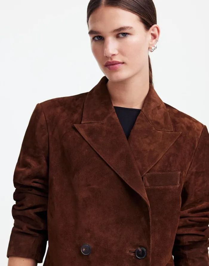 Madewell Alexa Chung For Madewell DoubleBreasted Blazer In Suede Dark Roast Suede Women Coats Jackets