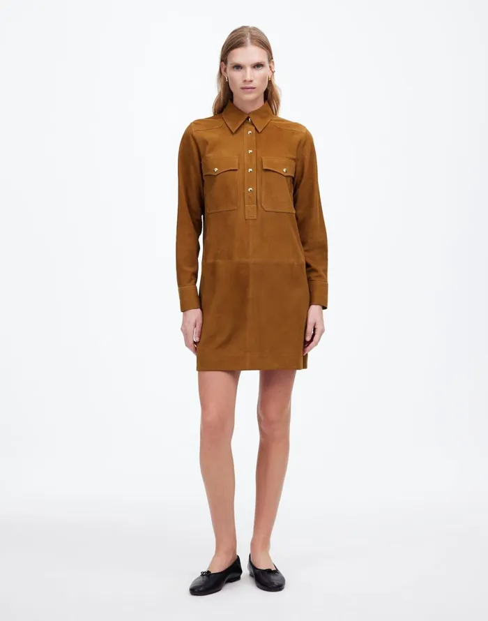 Madewell ButtonUp Mini Shirtdress In Suede Leather Suede Women Dresses