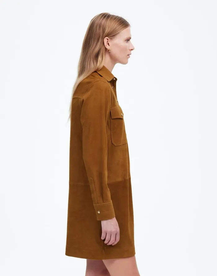 Madewell ButtonUp Mini Shirtdress In Suede Leather Suede Women Dresses