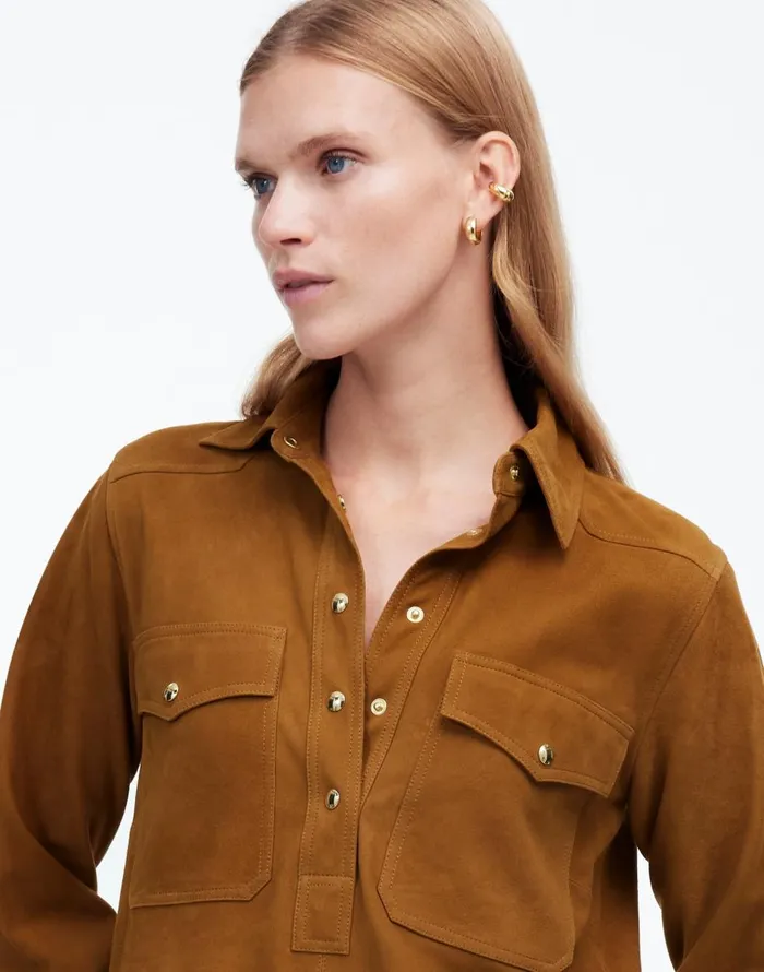 Madewell ButtonUp Mini Shirtdress In Suede Leather Suede Women Dresses