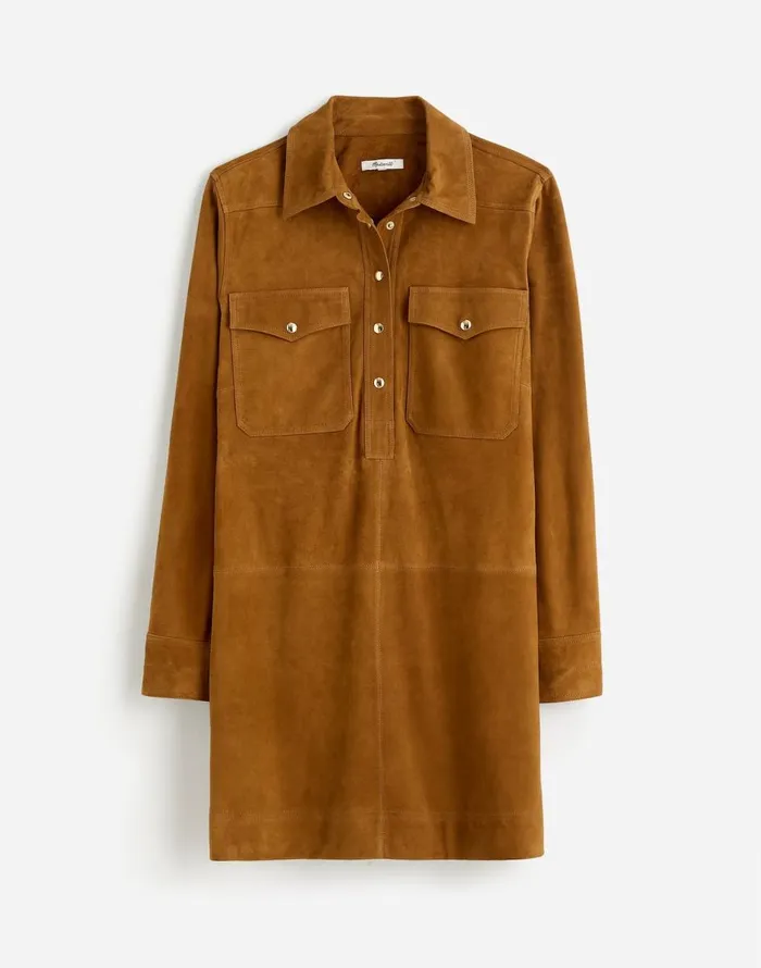 Madewell ButtonUp Mini Shirtdress In Suede Leather Suede Women Dresses