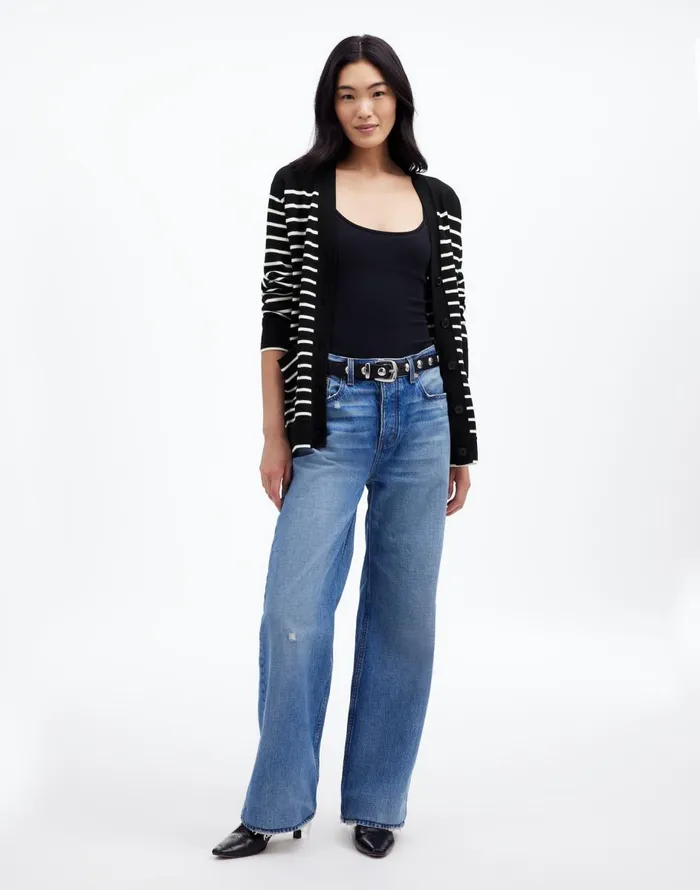 Madewell Merino Wool Boyfriend Cardigan True Black Stripe Women Sweaters