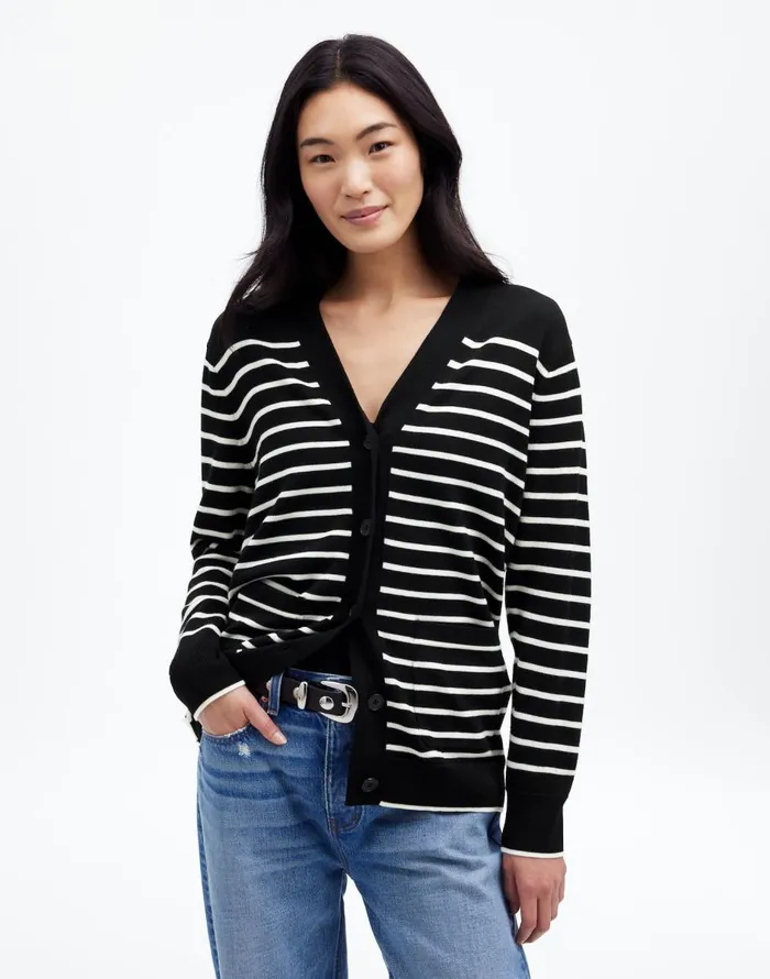 Madewell Merino Wool Boyfriend Cardigan True Black Stripe Women Sweaters