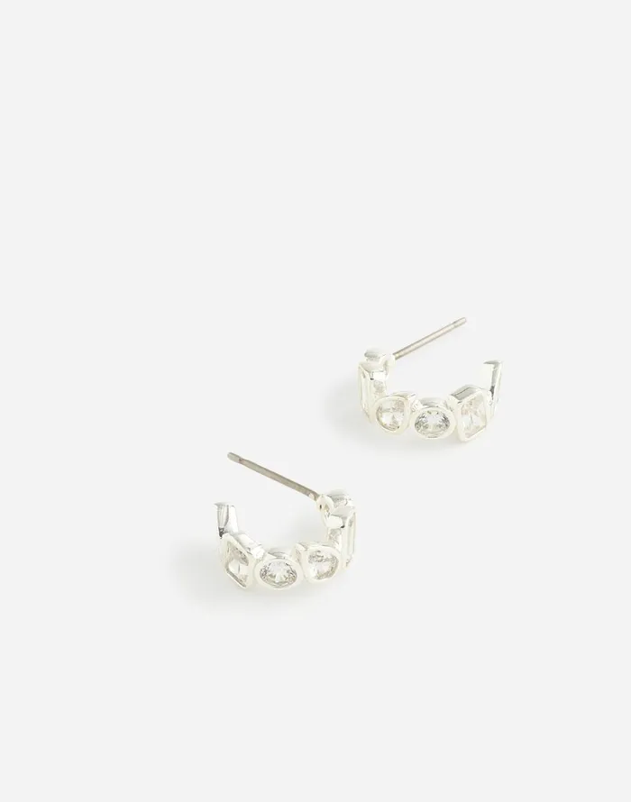 Madewell MixedCut Crystal Cluster Huggie Hoop Earrings Polished Silver Women Jewelry