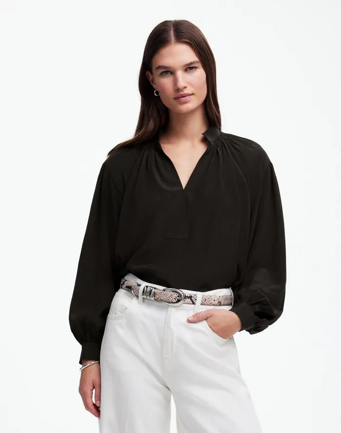Madewell Shirred LongSleeve Top In Silk True Black Women Tops and Shirts