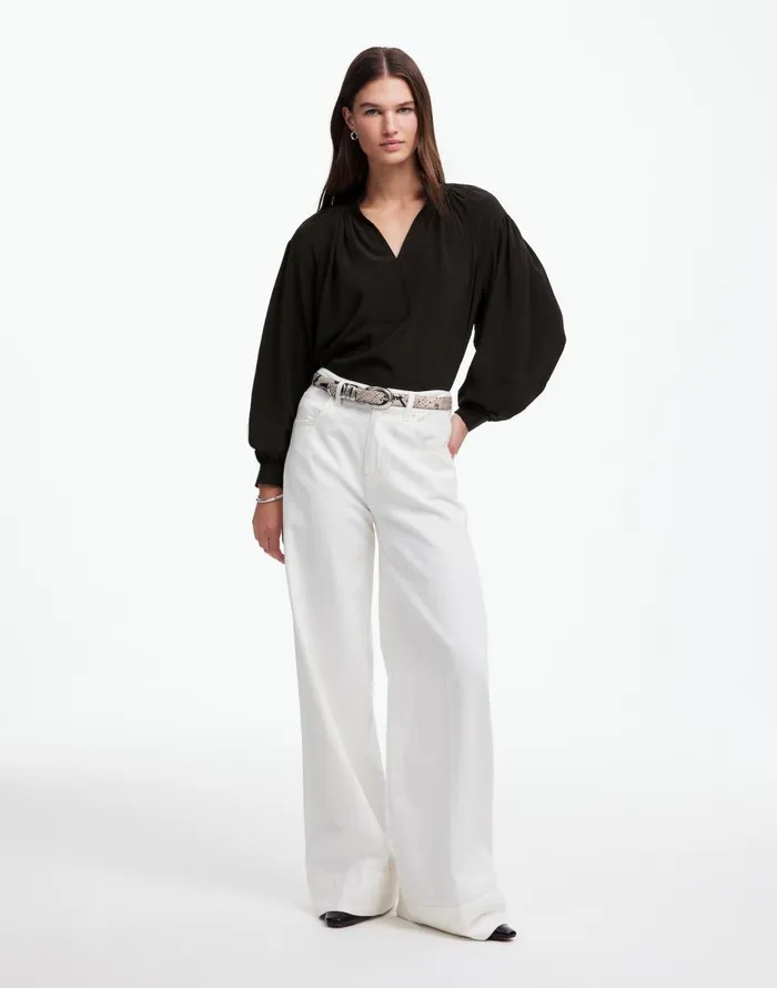 Madewell Shirred LongSleeve Top In Silk True Black Women Tops and Shirts