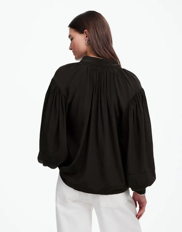 Madewell Shirred LongSleeve Top In Silk True Black Women Tops and Shirts