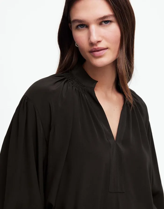 Madewell Shirred LongSleeve Top In Silk True Black Women Tops and Shirts