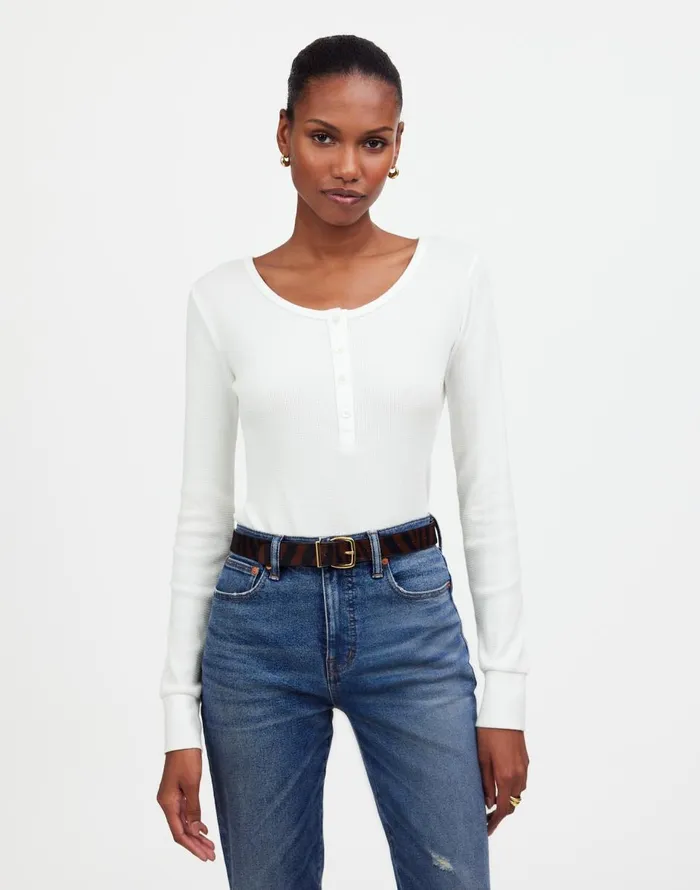 Madewell WaffleKnit Scoopneck Henley Tee Eyelet White Women Tees