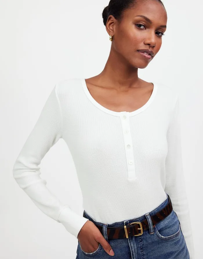Madewell WaffleKnit Scoopneck Henley Tee Eyelet White Women Tees