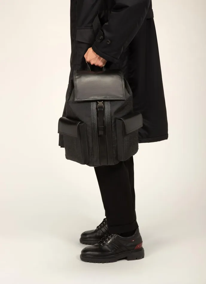 Men Bally Backpacks Abner 8211 Recycled Fabric and Leather Backpack In Black