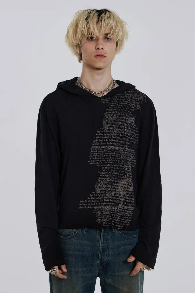 Men Black Slub Hoodie With Print Jaded London Hoodies and Sweatshirts