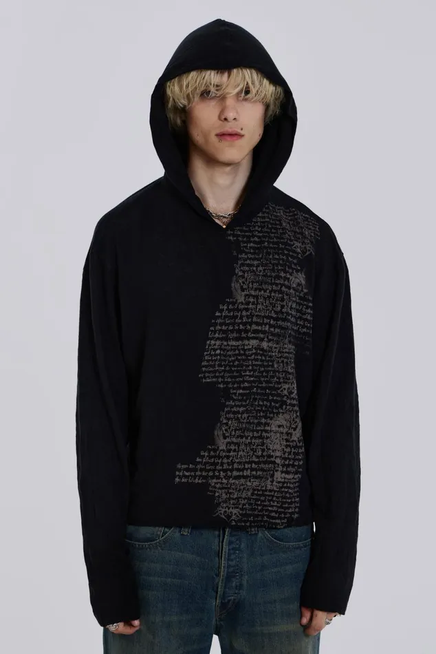 Men Black Slub Hoodie With Print Jaded London Hoodies and Sweatshirts
