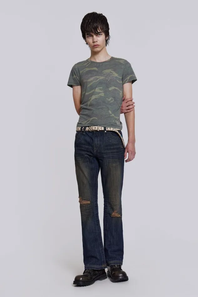 Men Embroidered Indigo Slub Flared Jean Jaded London Bootcut Jeans