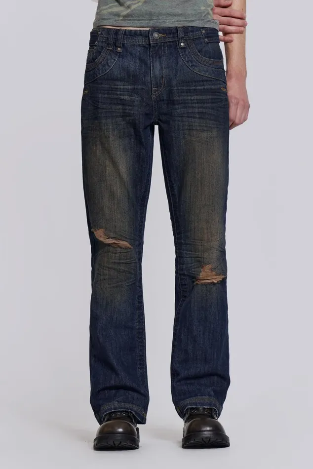 Men Embroidered Indigo Slub Flared Jean Jaded London Bootcut Jeans