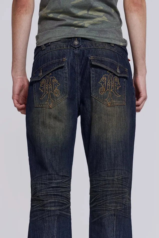 Men Embroidered Indigo Slub Flared Jean Jaded London Bootcut Jeans