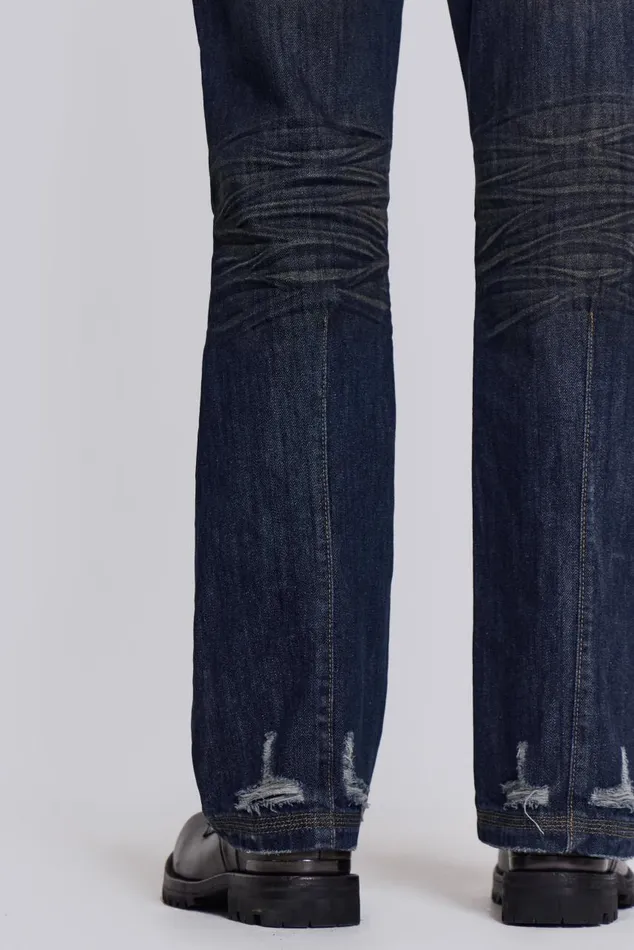 Men Embroidered Indigo Slub Flared Jean Jaded London Bootcut Jeans