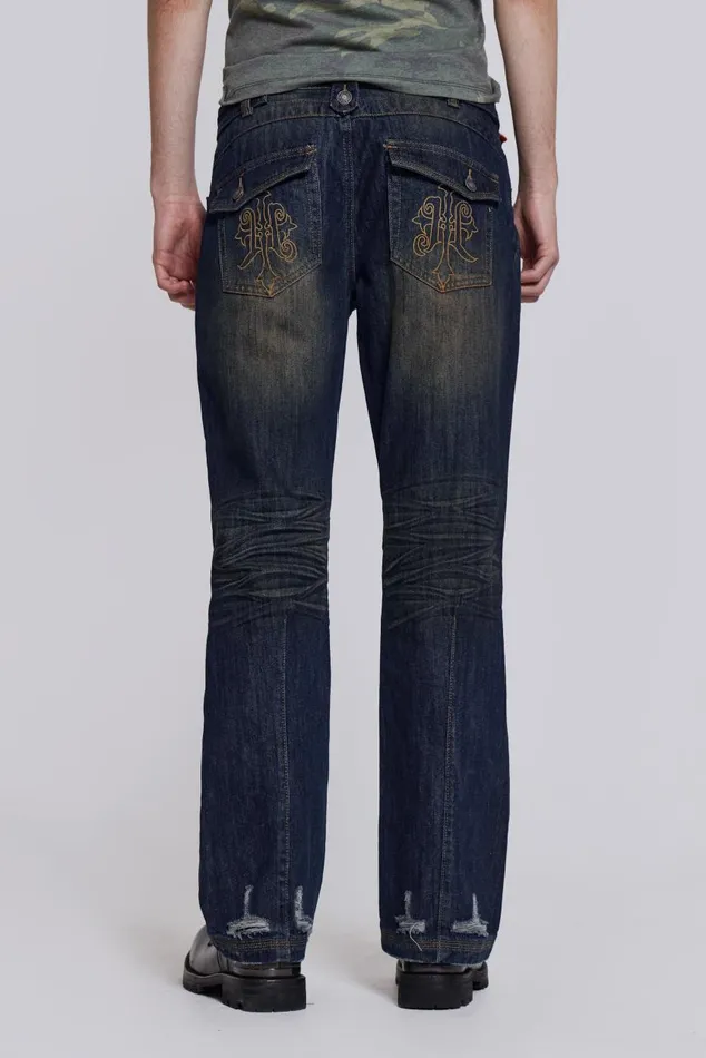 Men Embroidered Indigo Slub Flared Jean Jaded London Bootcut Jeans